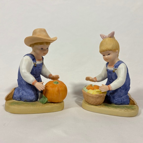 Denim Days Homco Boy Girl Pumpkin Harvest Porcelain Figurine Set - Picture 1 of 6